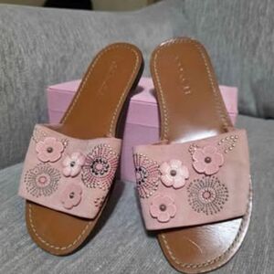 Coach Pink Floral Embellished Slide Sandals